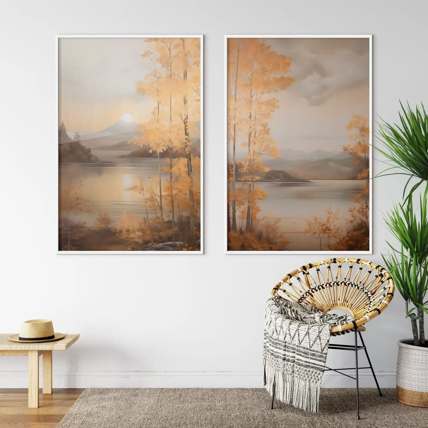 Fototapeta Jesienne drzewa o pomarańczowych liściach otaczają spokojne jezioro z odległymi górami pod zachmurzonym niebem. d01246