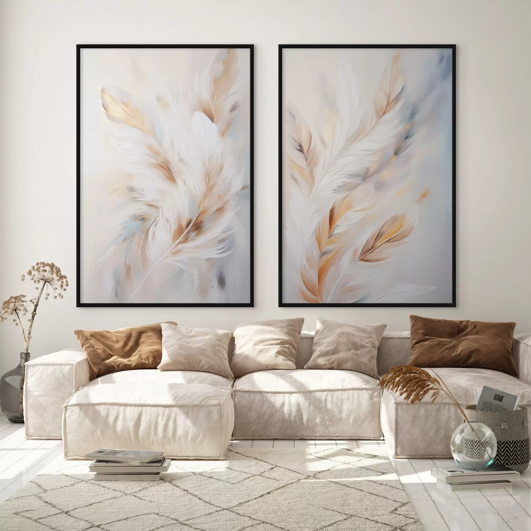 Fototapeta Duże, miękkie pióra w odcieniach bieli, żółci i brązu na jasnym, abstrakcyjnym tle. d01247