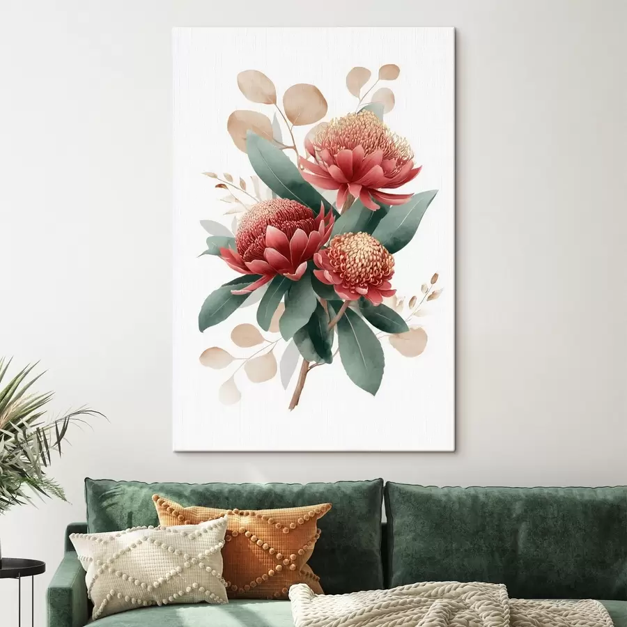 Obraz Wyrazisty bukiet protei i ozdobnych liści w stylu ilustracji sztuki nowoczesnej s46954