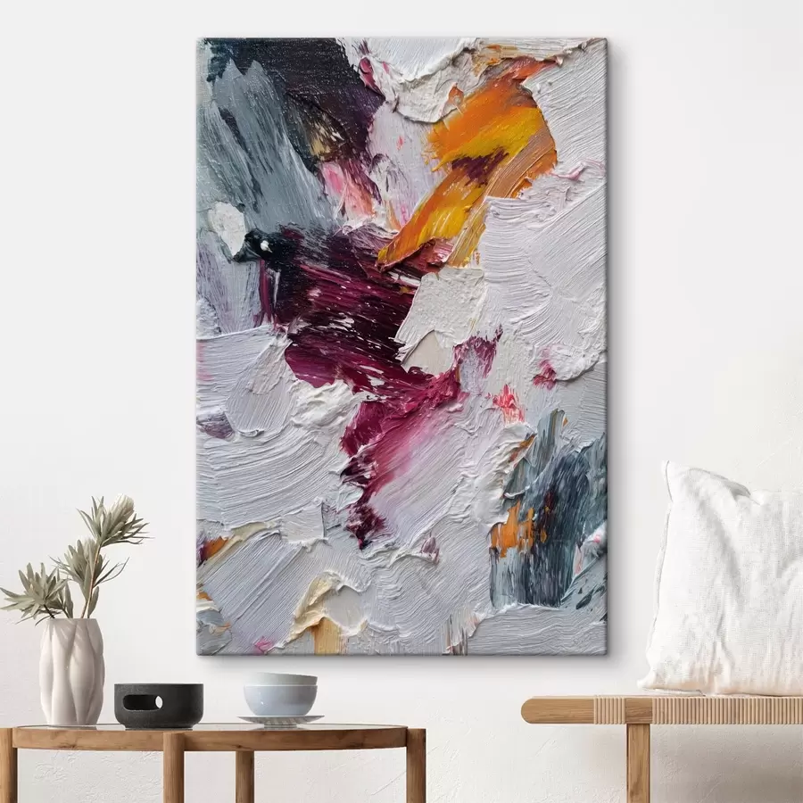 Obraz Abstrakcyjna kompozycja z intensywnymi pociągnięciami pędzla w kolorze wiśniowym i pomarańczowym w stylu malarstwa olejnego. s46959