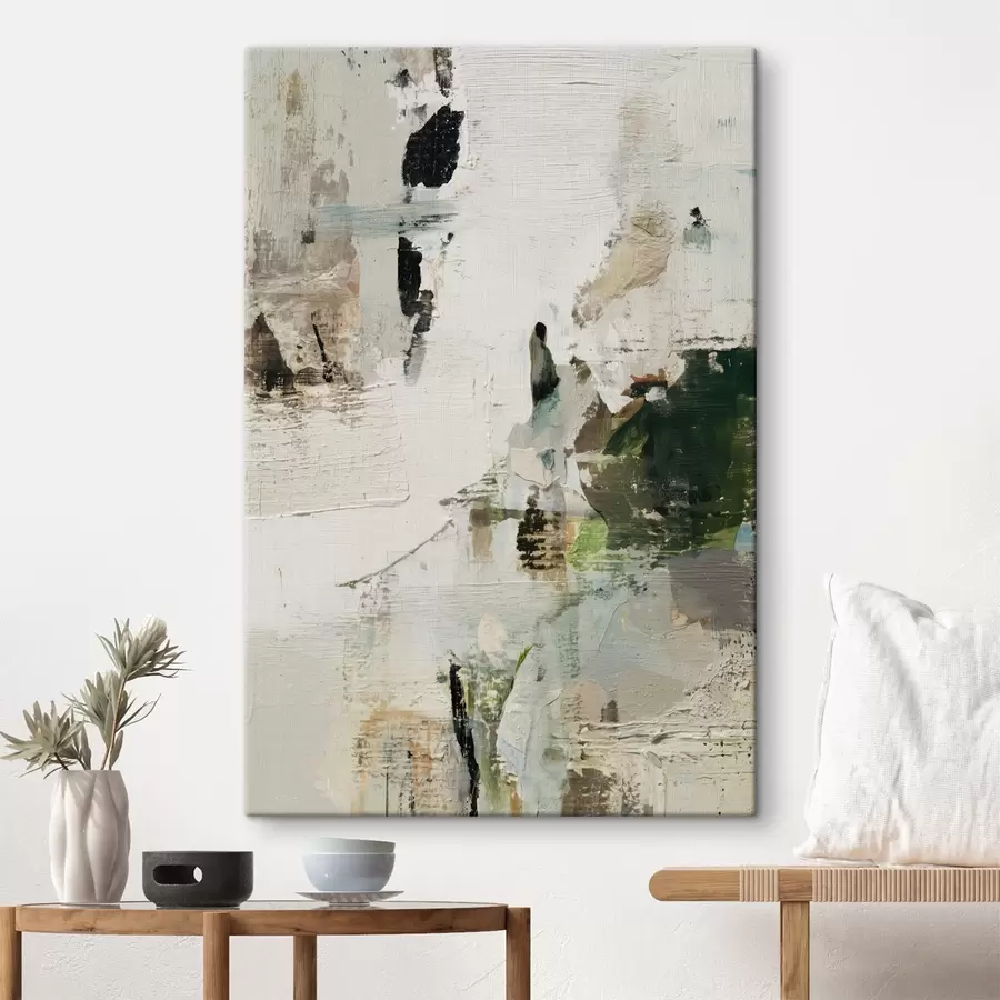 Obraz Abstrakcyjna kompozycja w pastelowych odcieniach z ciemnozielonymi akcentami w stylu malarstwa olejnego s46960