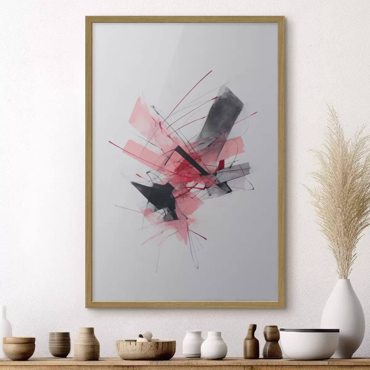 Plakat Abstrakcja z różowymi i czarnymi elementami geometrycznymi f46950