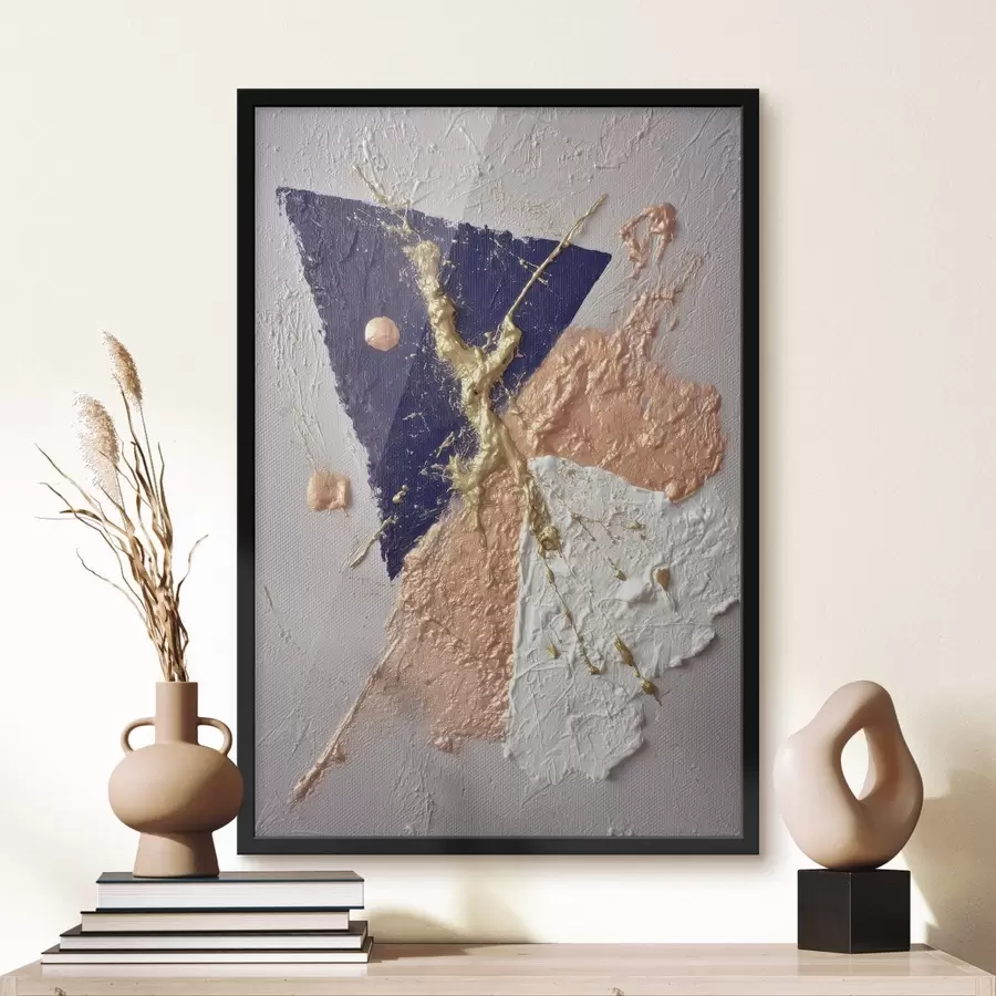 Fototapeta Abstrakcyjna kompozycja z ciemnoniebieskim trójkątem i reliefowymi pociągnięciami pędzla w stylu malarstwa olejnego f46953