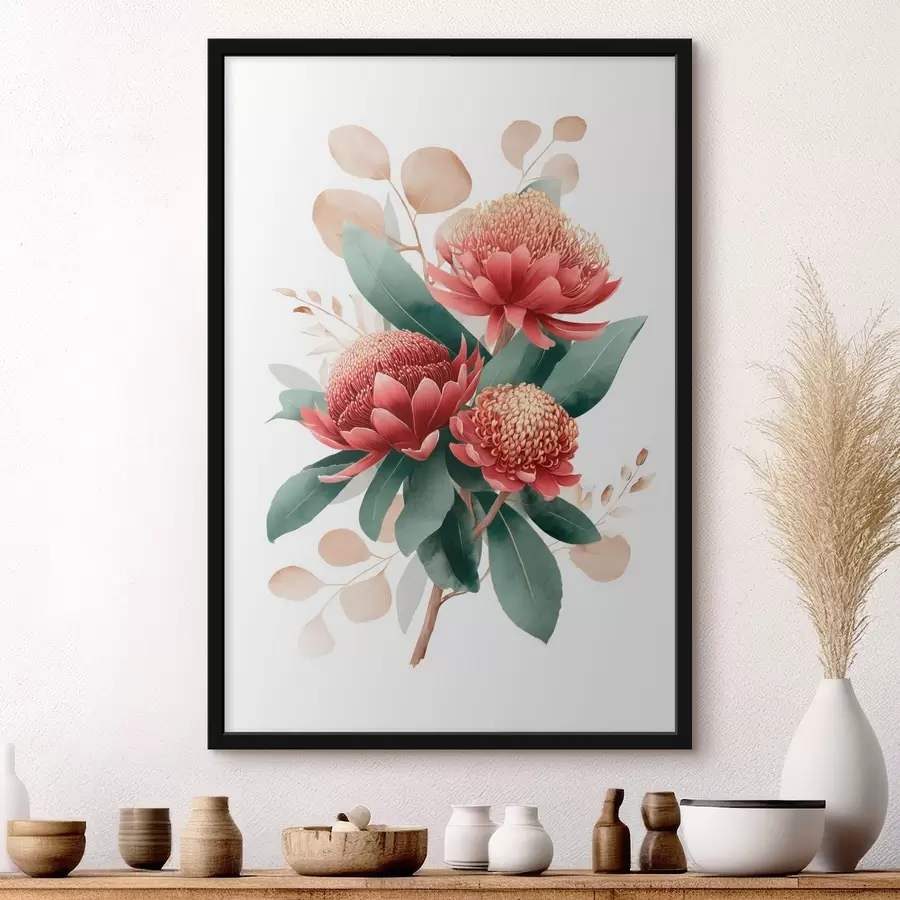 Fototapeta Wyrazisty bukiet protei i ozdobnych liści w stylu ilustracji sztuki nowoczesnej f46954