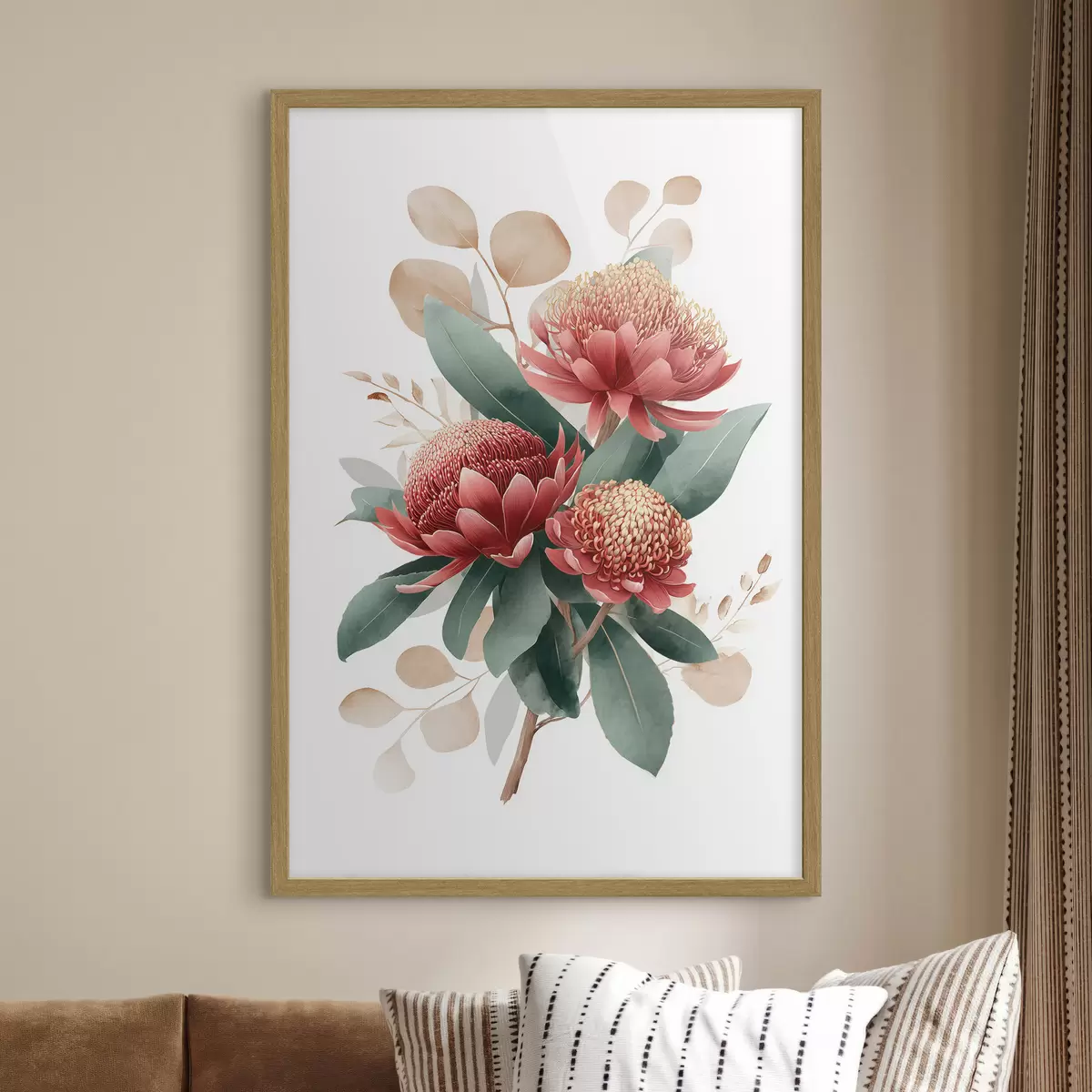 Plakat Wyrazisty bukiet protei i ozdobnych liści w stylu ilustracji sztuki nowoczesnej f46954