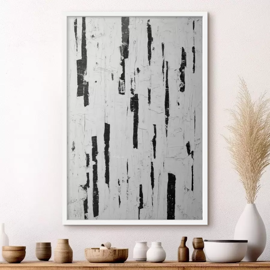 Fototapeta Abstrakcyjna kompozycja z czarnymi pionowymi pociągnięciami pędzla na białym tle w stylu malarstwa olejnego. f46956