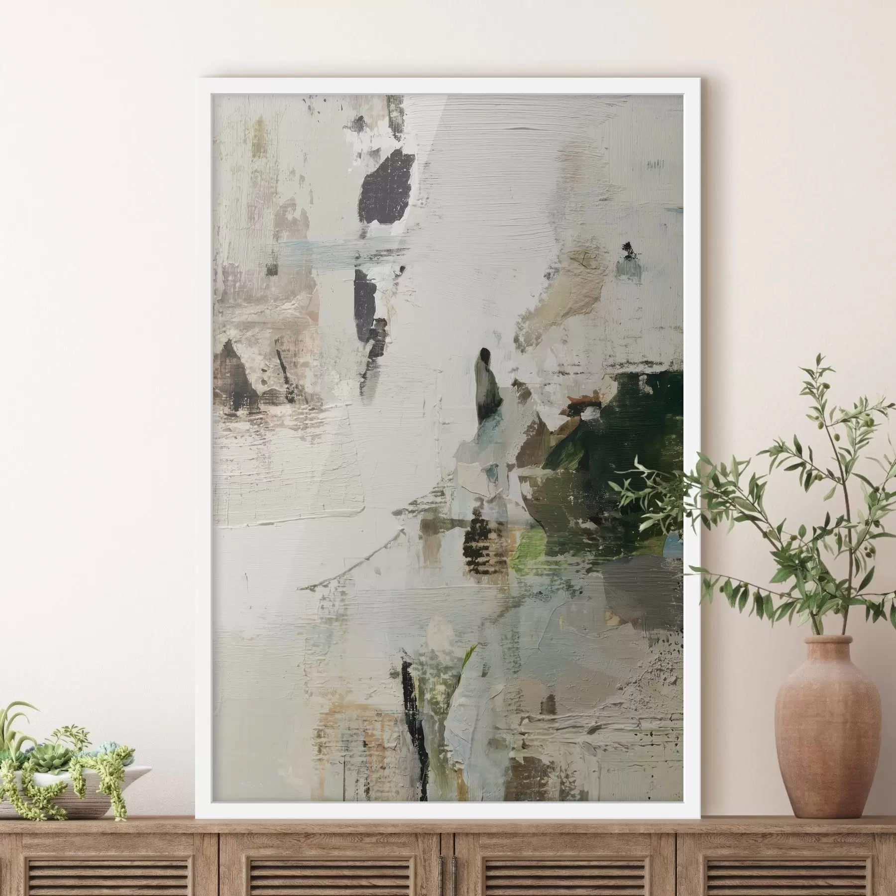 Fototapeta Abstrakcyjna kompozycja w pastelowych odcieniach z ciemnozielonymi akcentami w stylu malarstwa olejnego f46960