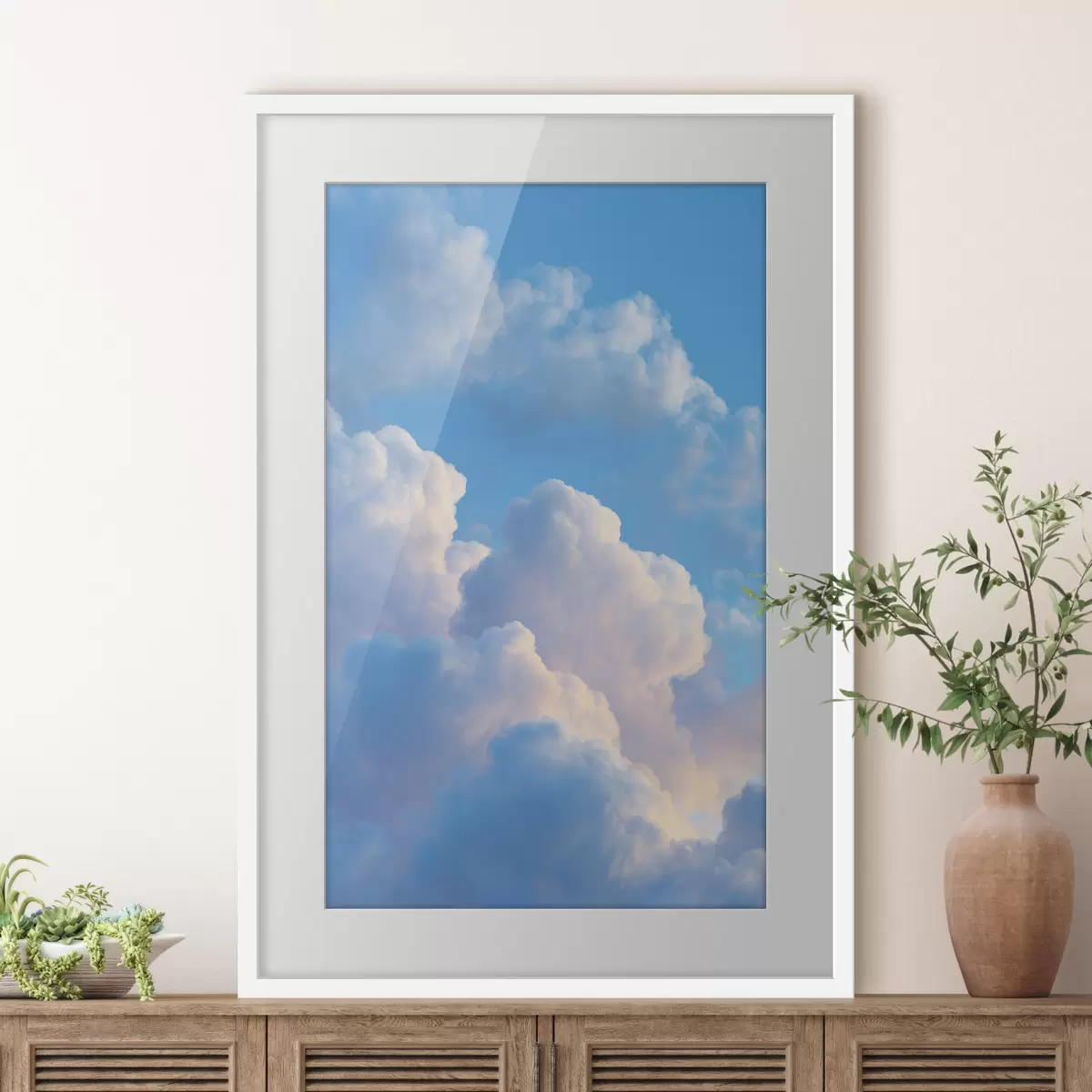 Plakat Objętościowe chmury w delikatnej niebiesko-różowej palecie barw w fotorealistycznym stylu grafiki cyfrowej. f47088