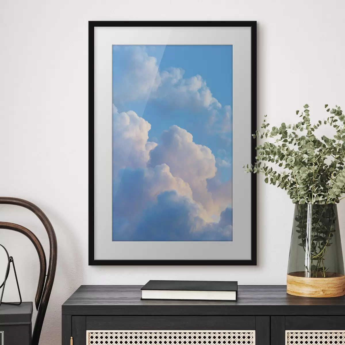 Plakat Objętościowe chmury w delikatnej niebiesko-różowej palecie barw w fotorealistycznym stylu grafiki cyfrowej. f47088