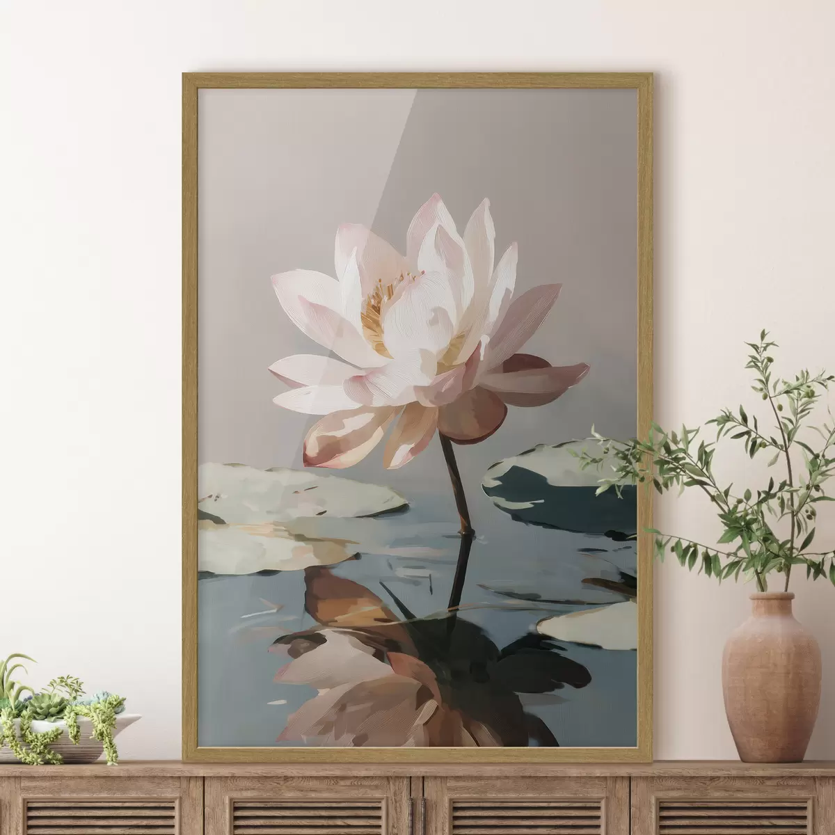 Plakat Biały lotos na pastelowym tle w stylu malarstwa olejnego f47093