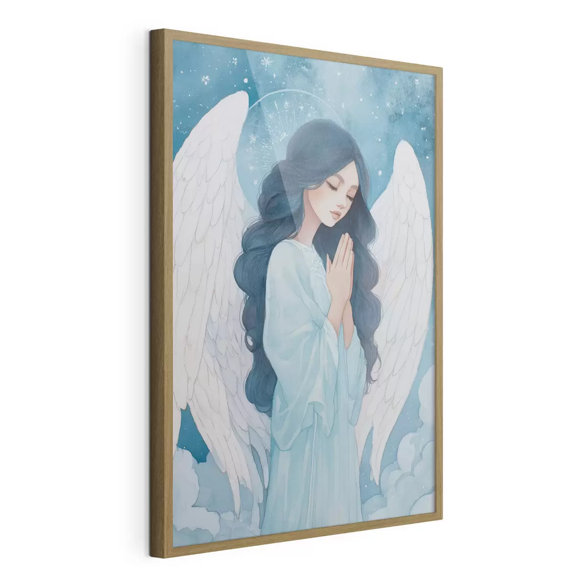 Plakat Urocza ilustracja anioła wśród chmur w biało-niebieskiej kolorystyce f47095