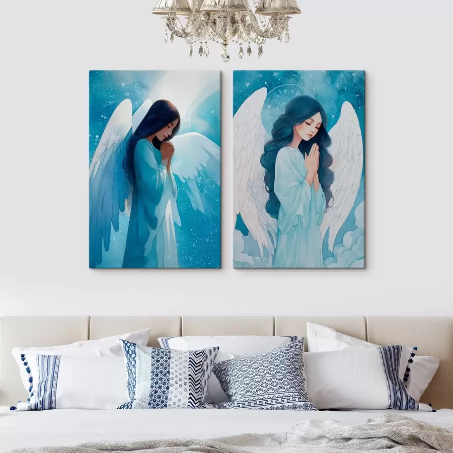 Obraz Nowoczesna sztuka sakralna w stylu akwareli z wizerunkiem anioła stróża w niebieskiej szacie. m01153