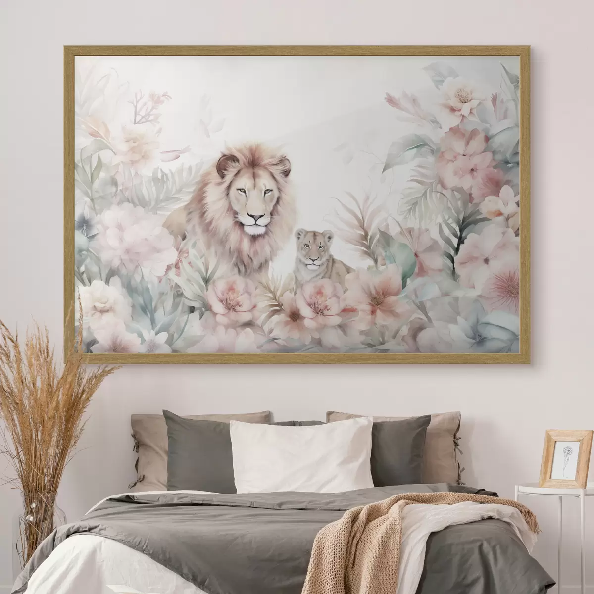 Plakat Lwy w tropikalnych zaroślach, imitacja akwareli f47640