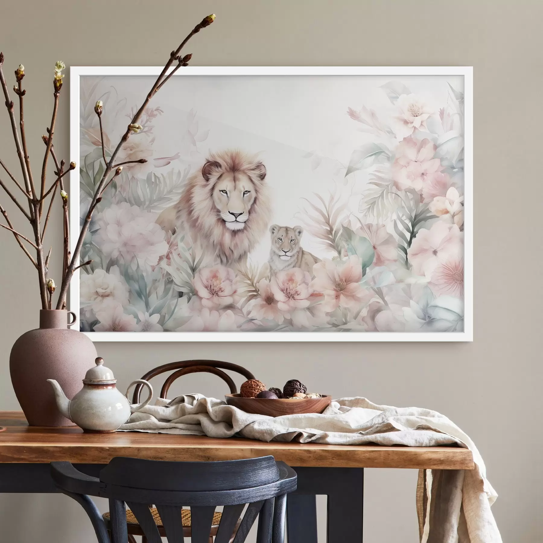 Fototapeta Lwy w tropikalnych zaroślach, imitacja akwareli f47640