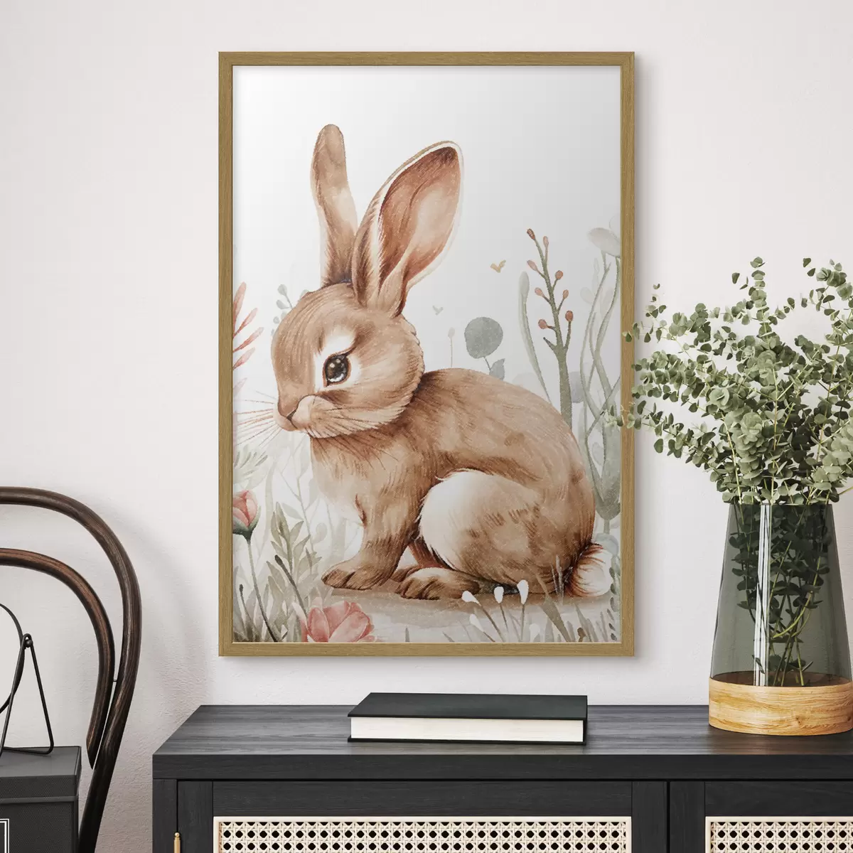 Plakat Śliczny króliczek wśród kwiatów, efekt ołówkowy f47741
