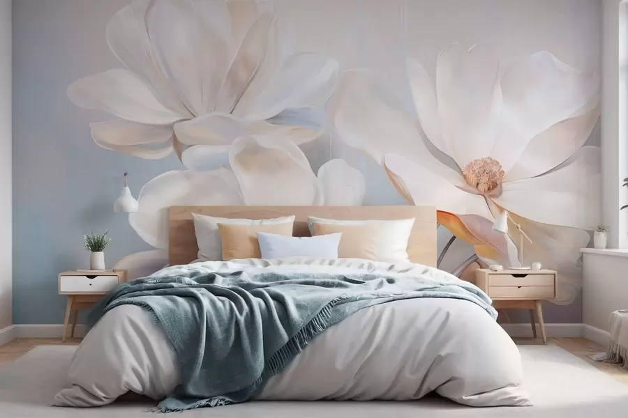 Fototapeta Białe, fantazyjne kwiaty magnolii o delikatnych, teksturowanych płatkach, na miękkim, abstrakcyjnym tle. w09373