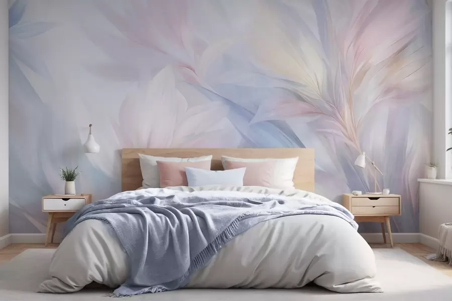 Fototapeta Miękkie, pastelowe liście i pióra w odcieniach różu, błękitu i żółci, abstrakcyjny i teksturowany nadruk w09634