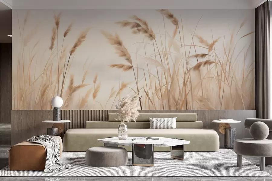 Fototapeta Wysoka, teksturowana sucha trawa z kłosami pszenicy na polu na tle delikatnego, jasnego tła. w09648