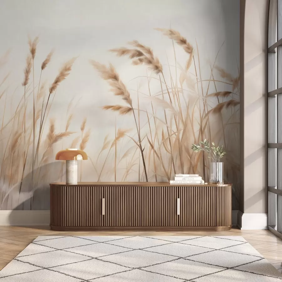 Fototapeta Wysoka, teksturowana sucha trawa z kłosami pszenicy na polu na tle delikatnego, jasnego tła. w09648