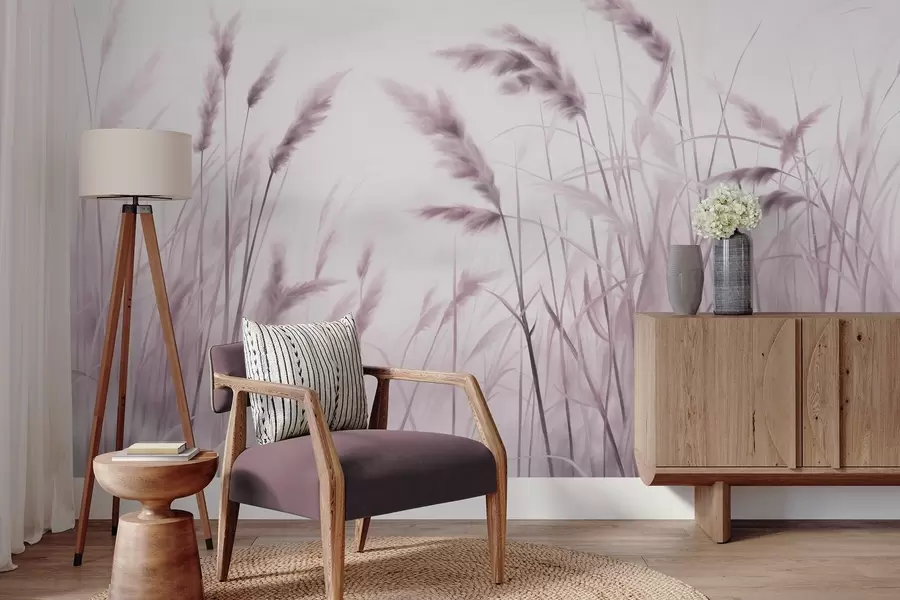 Fototapeta Wysoka, teksturowana sucha trawa z kłosami pszenicy na polu na tle delikatnego, jasnego tła. w09648v2