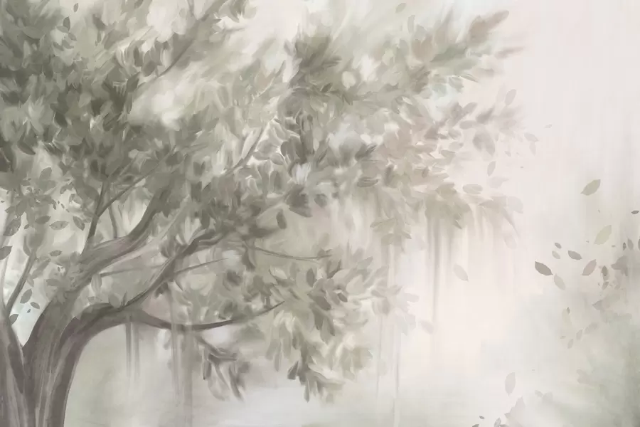 Fototapeta Teksturowane drzewo z jasnozielonymi liśćmi i gałęziami, z miękkim, zamglonym tłem w09650