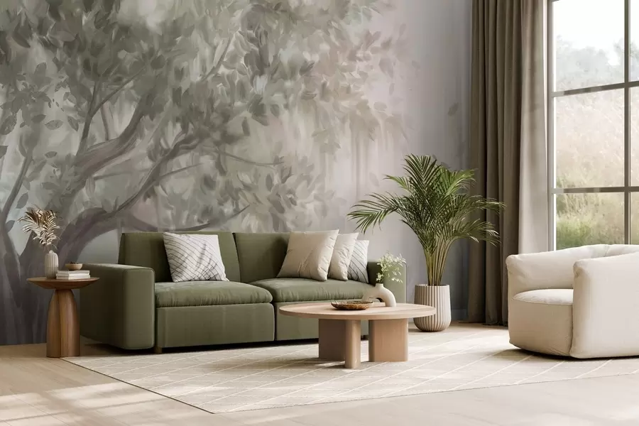 Fototapeta Teksturowane drzewo z jasnozielonymi liśćmi i gałęziami, z miękkim, zamglonym tłem w09650