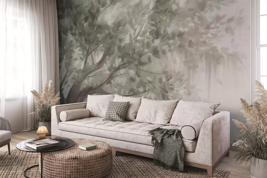 Fototapeta Teksturowane drzewo z jasnozielonymi liśćmi i gałęziami, z miękkim, zamglonym tłem w09650