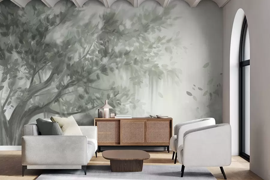 Fototapeta Teksturowane drzewo z zielonymi liśćmi i gałęziami, z miękkim, zamglonym tłem w09650v1