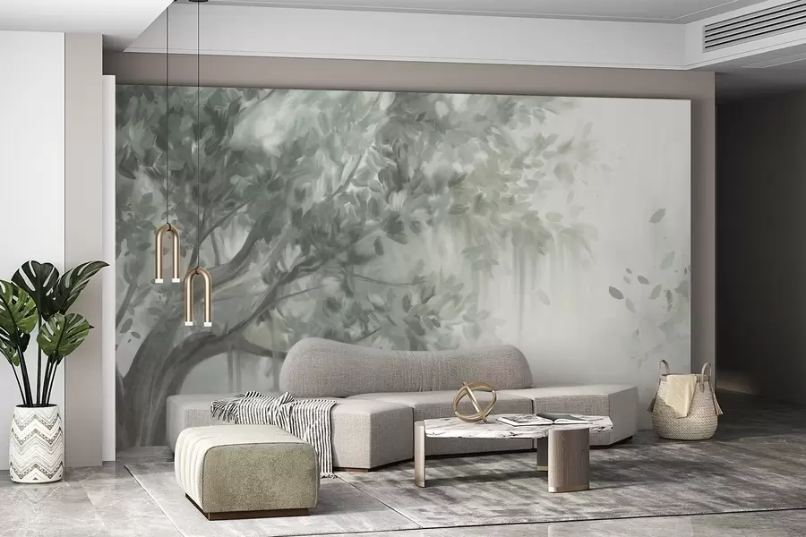 Fototapeta Teksturowane drzewo z zielonymi liśćmi i gałęziami, z miękkim, zamglonym tłem w09650v1