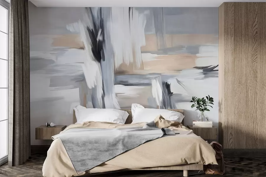 Fototapeta Abstrakcyjny styl malarski z fakturą i pociągnięciami pędzla w odcieniach bieli, szarości i beżu. w09651