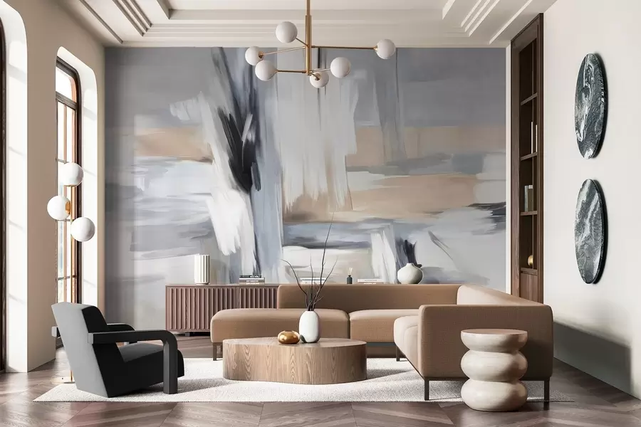 Fototapeta Abstrakcyjny styl malarski z fakturą i pociągnięciami pędzla w odcieniach bieli, szarości i beżu. w09651