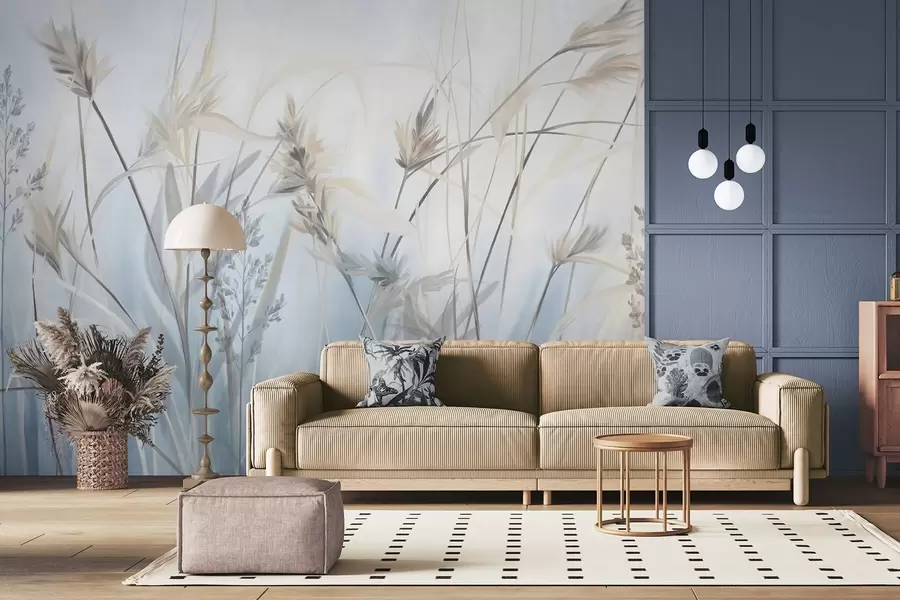 Fototapeta Wysokie, suche łodygi trawy z pierzastymi końcówkami w stonowanych odcieniach, miękkie, zamglone niebieskie i białe tło. w09652