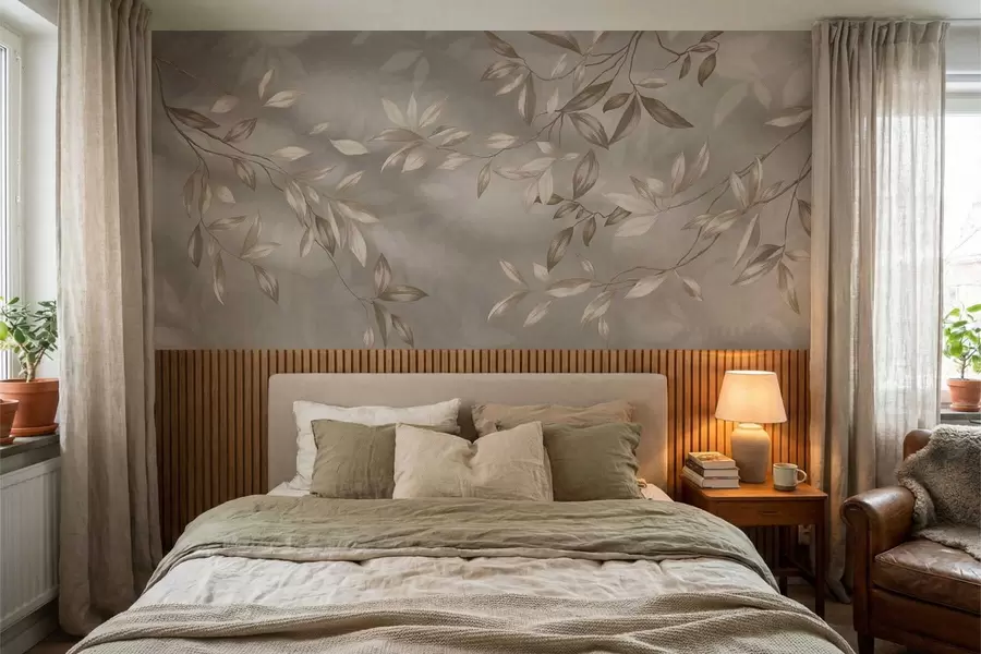 Fototapeta Eleganckie, liściaste gałęzie w odcieniach beżu na jasnym tle w05113