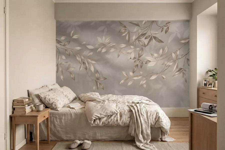 Fototapeta Eleganckie, liściaste gałęzie w odcieniach beżu na jasnym tle w05113