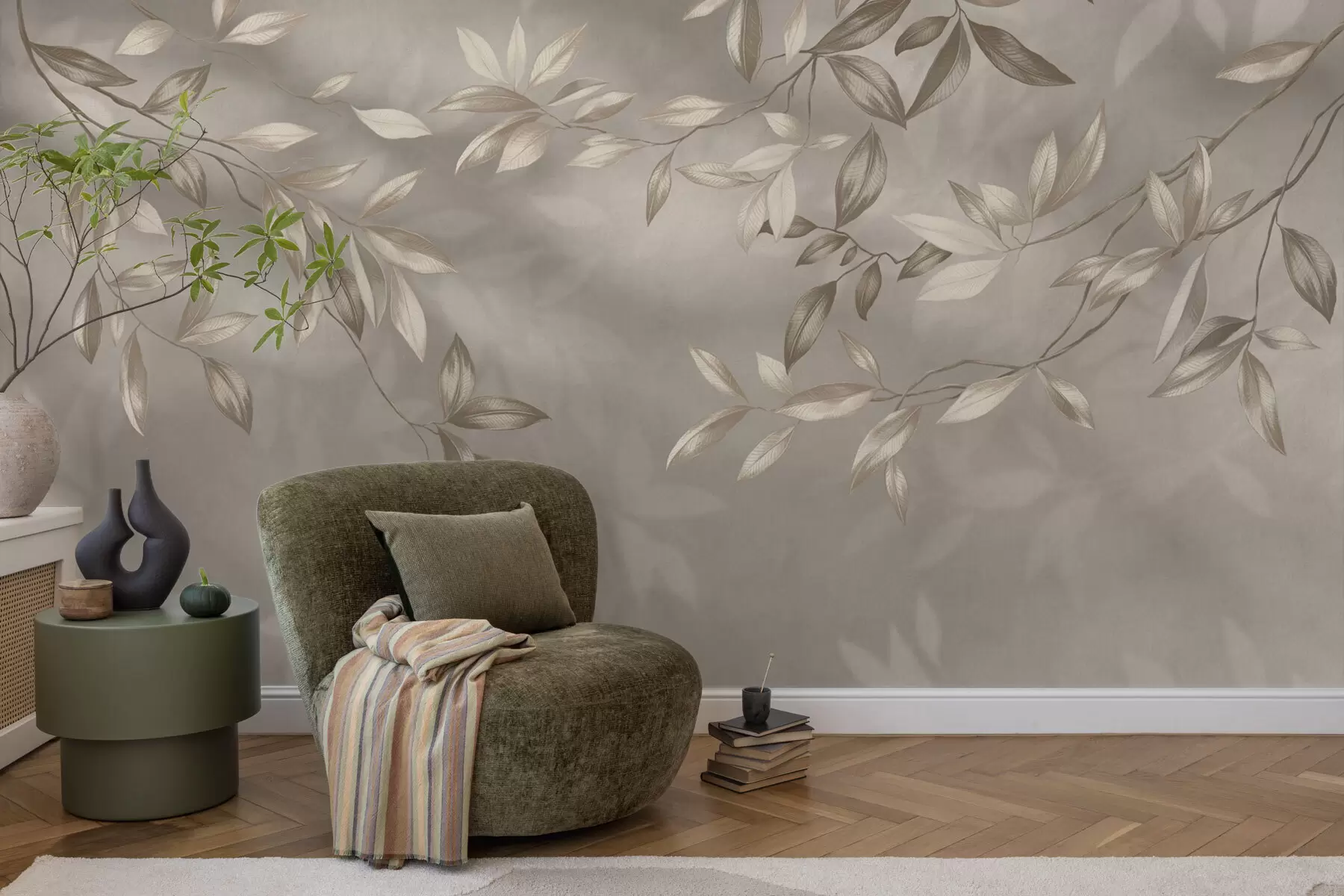 Fototapeta Eleganckie, liściaste gałęzie w odcieniach beżu na jasnym tle w05113