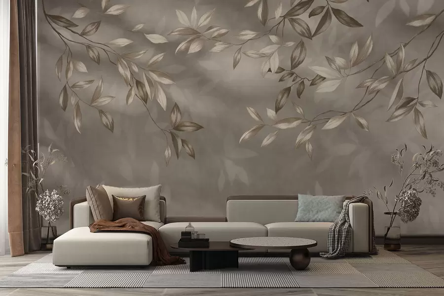 Fototapeta Delikatne, liściaste gałęzie w odcieniach beżu na jasnym tle w05113v2