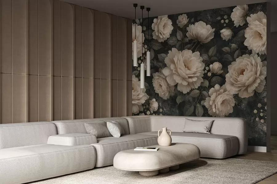 Fototapeta Objętościowe kwiaty w beżowej palecie na ciemnym tle w05114