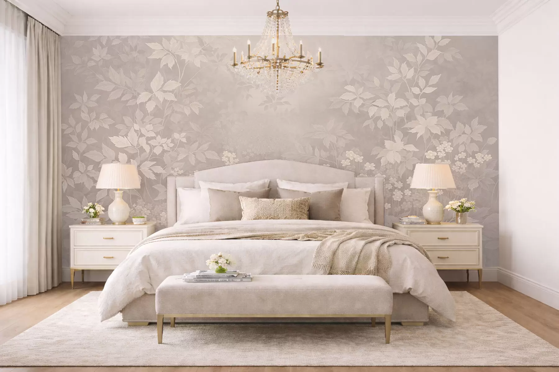 Fototapeta Lekka botaniczna ozdoba z liśćmi i małymi kwiatami w05115