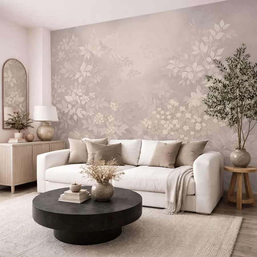 Fototapeta Lekka botaniczna ozdoba z liśćmi i małymi kwiatami w05115