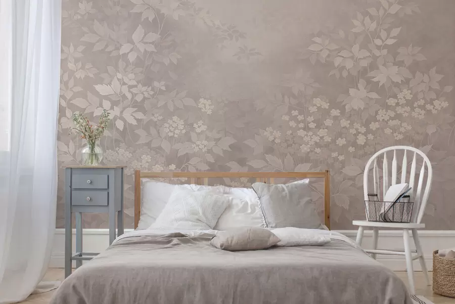 Fototapeta Lekka botaniczna ozdoba z liśćmi i małymi kwiatami w05115