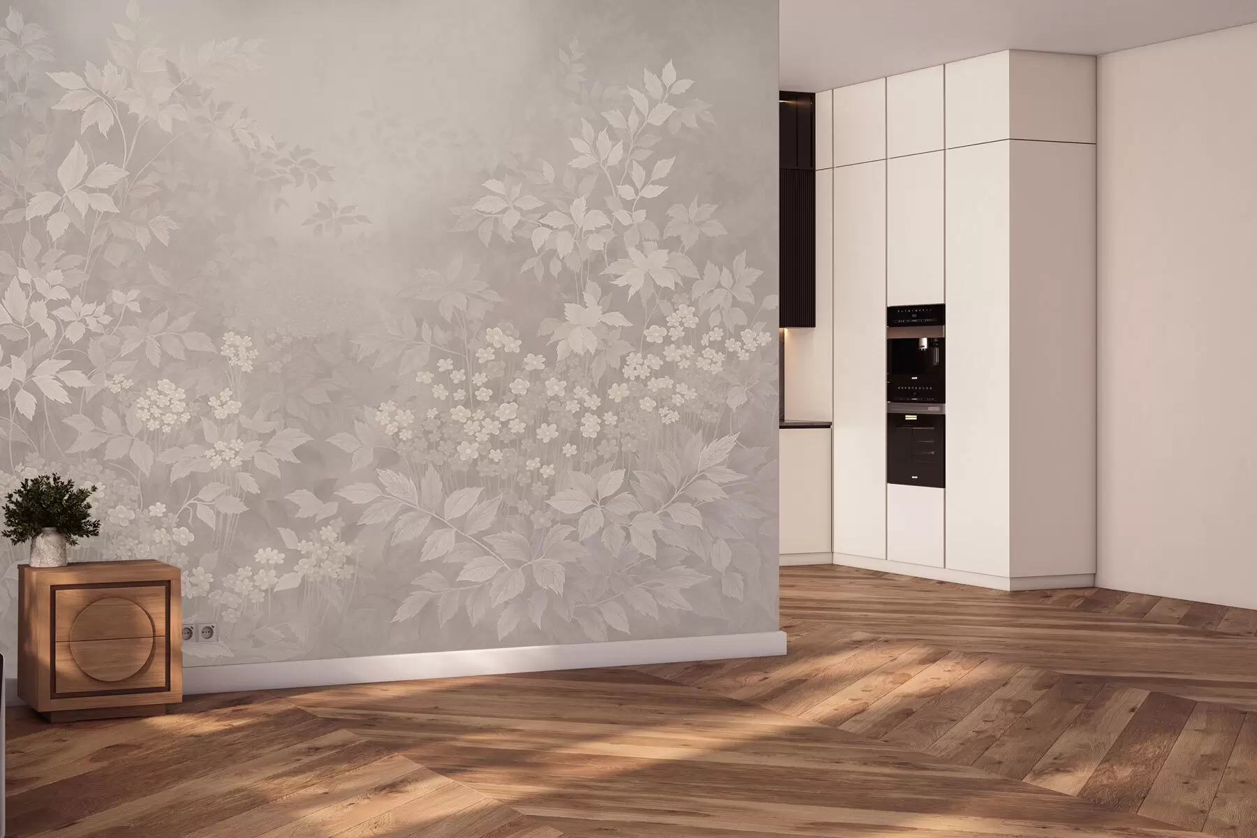 Fototapeta Lekka botaniczna ozdoba z liśćmi i małymi kwiatami w05115