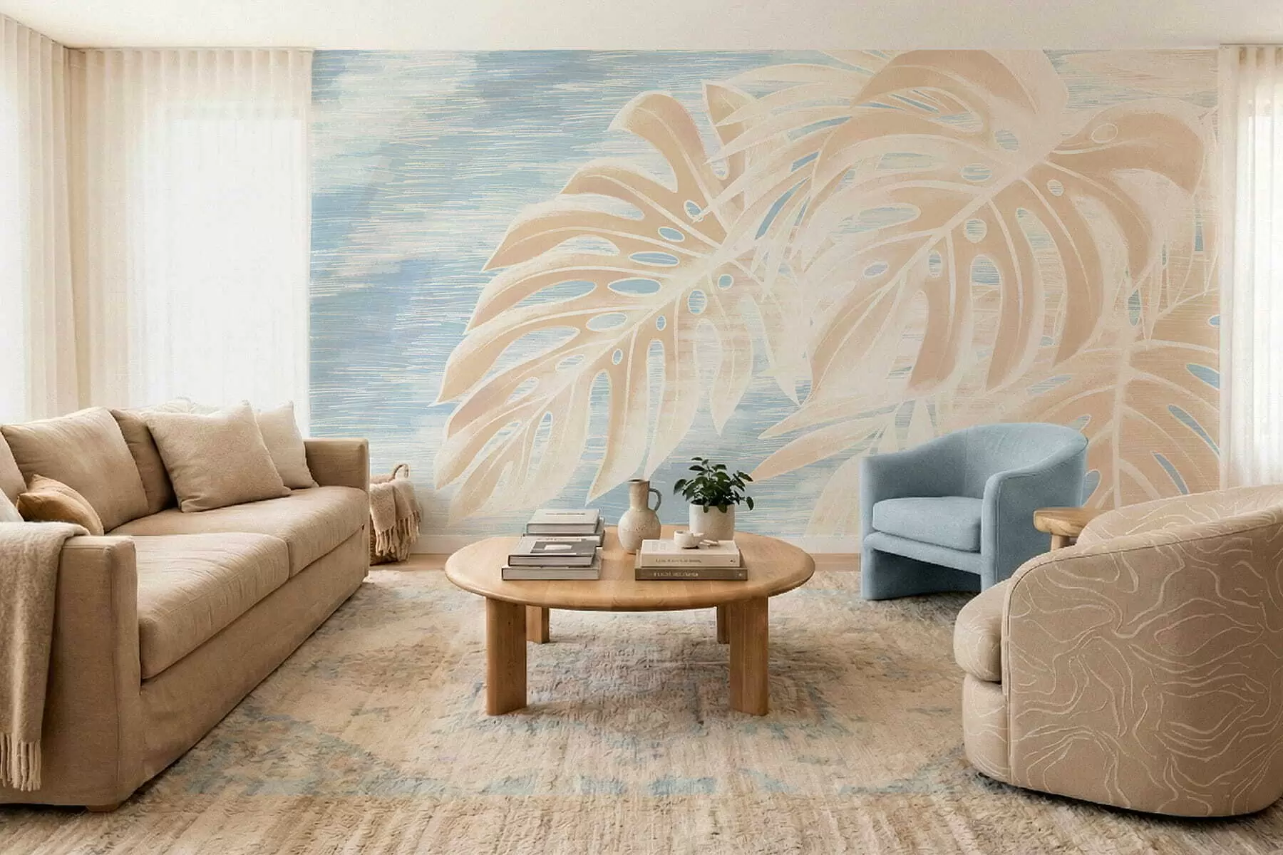 Fototapeta Abstrakcyjne liście w ciepłych odcieniach beżu na jasnym tle w05130