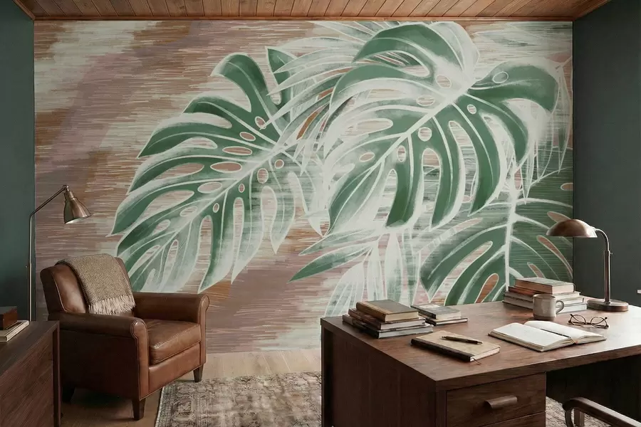 Fototapeta Zielone liście na ciepłej, teksturowanej abstrakcyjnej podstawie w05130v3