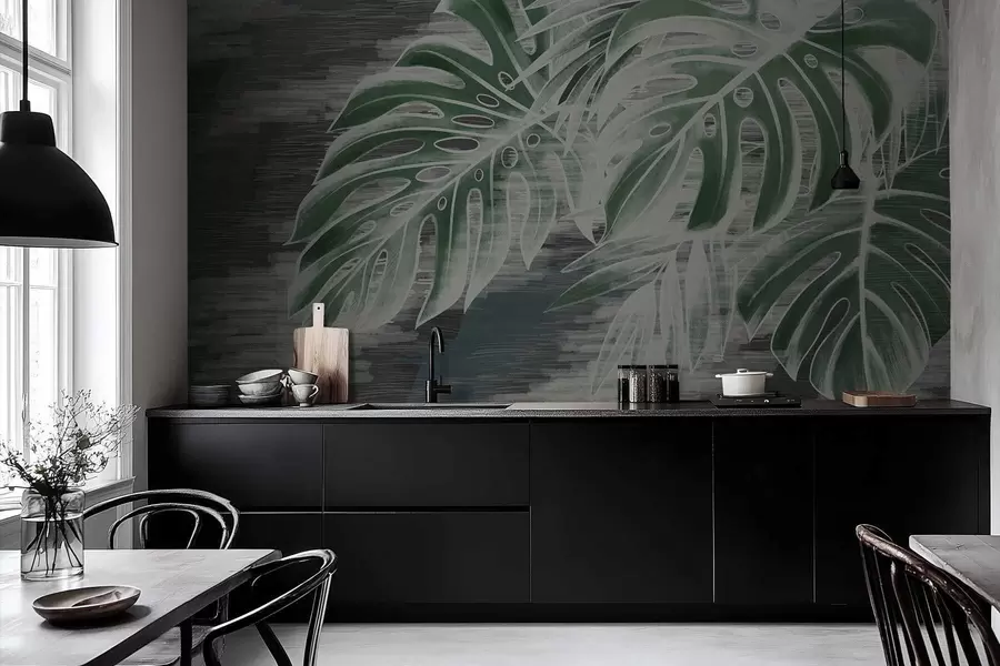 Fototapeta Ciemnozielone liście na teksturowanym ciemnym tle w05130v4