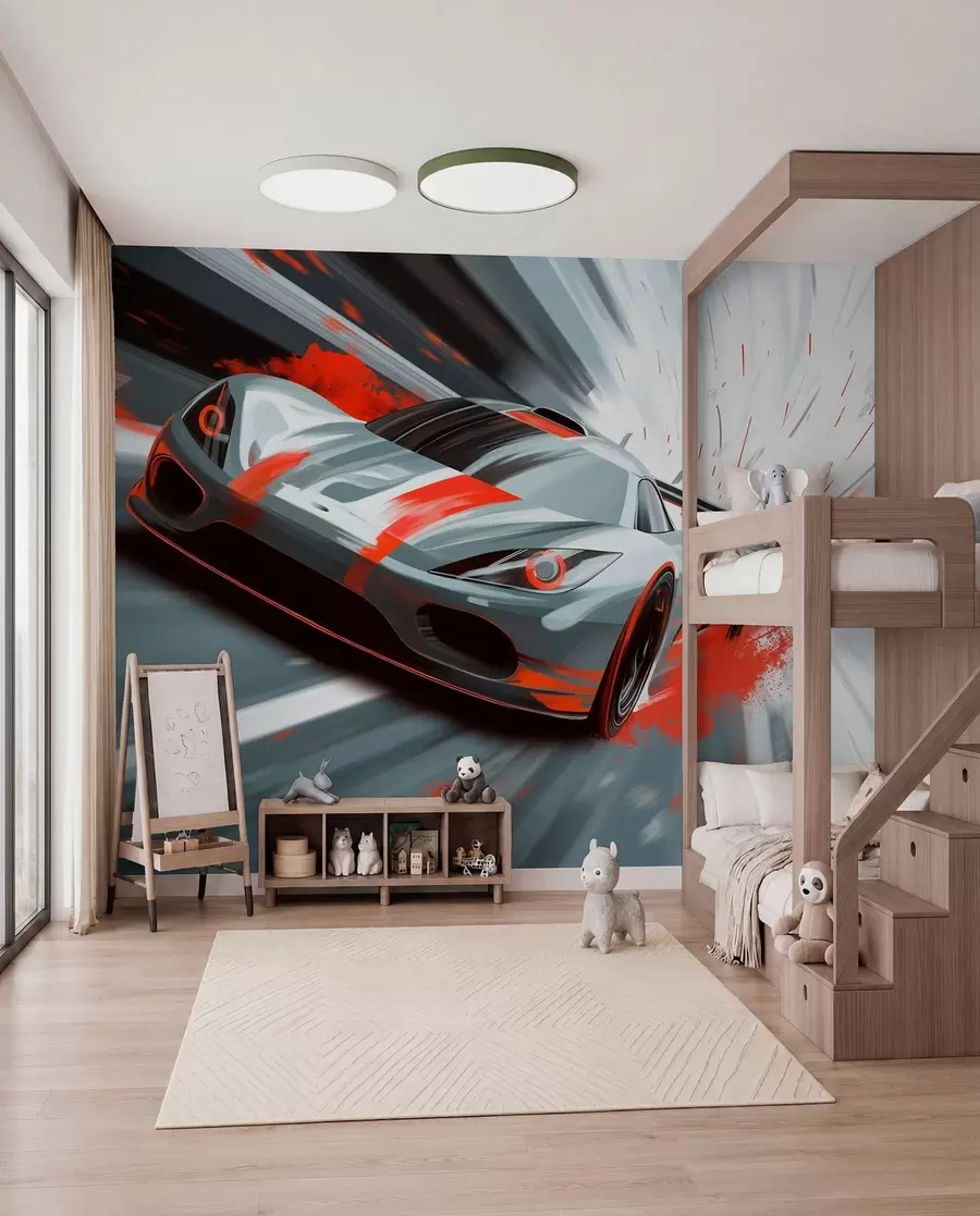 Fototapeta dynamiczny samochód sportowy w stylu rysunku cyfrowego z czerwonymi akcentami w05069v1