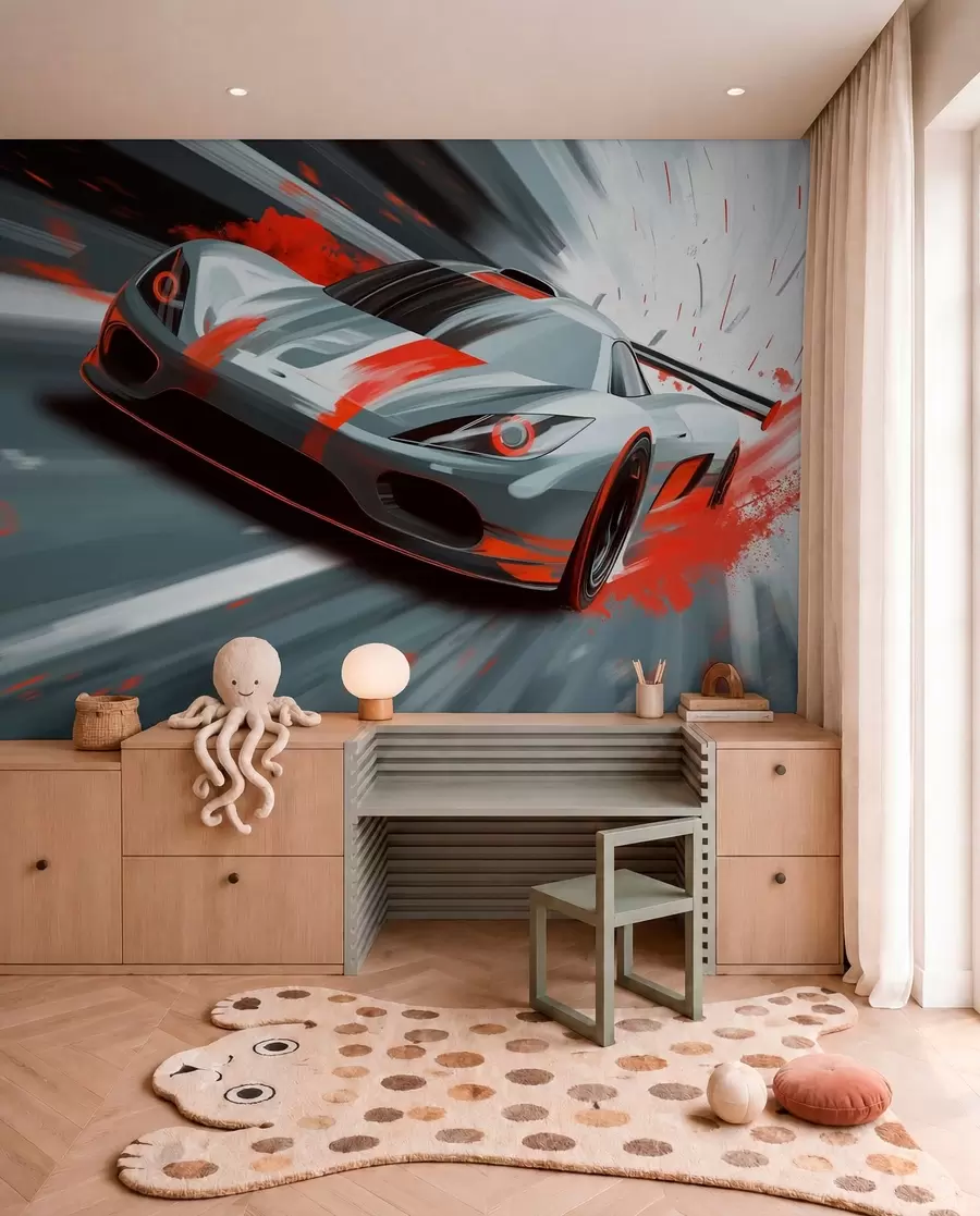 Fototapeta dynamiczny samochód sportowy w stylu rysunku cyfrowego z czerwonymi akcentami w05069v1