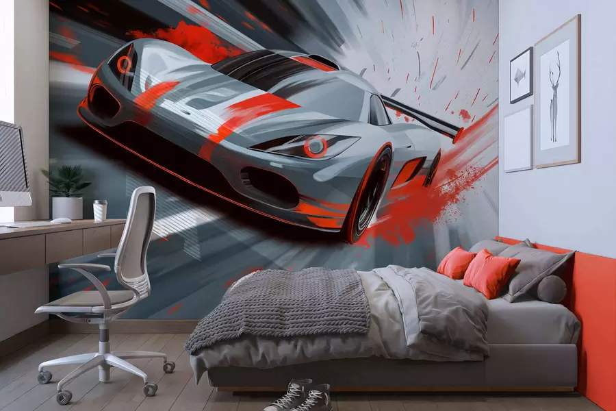 Fototapeta dynamiczny samochód sportowy w stylu rysunku cyfrowego z czerwonymi akcentami w05069v1