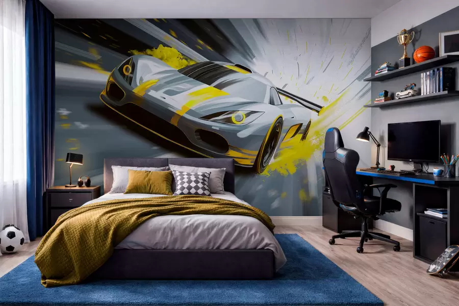 Fototapeta dynamiczny samochód sportowy w stylu rysunku cyfrowego z żółtymi akcentami w05069v2