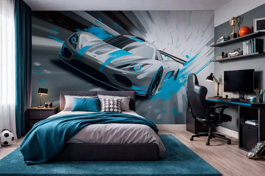 Fototapeta dynamiczny samochód sportowy w stylu rysunku cyfrowego z turkusowymi akcentami w05069v3