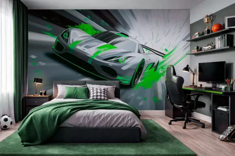 Fototapeta dynamiczny samochód sportowy w stylu rysunku cyfrowego z zielonymi akcentami w05069v4